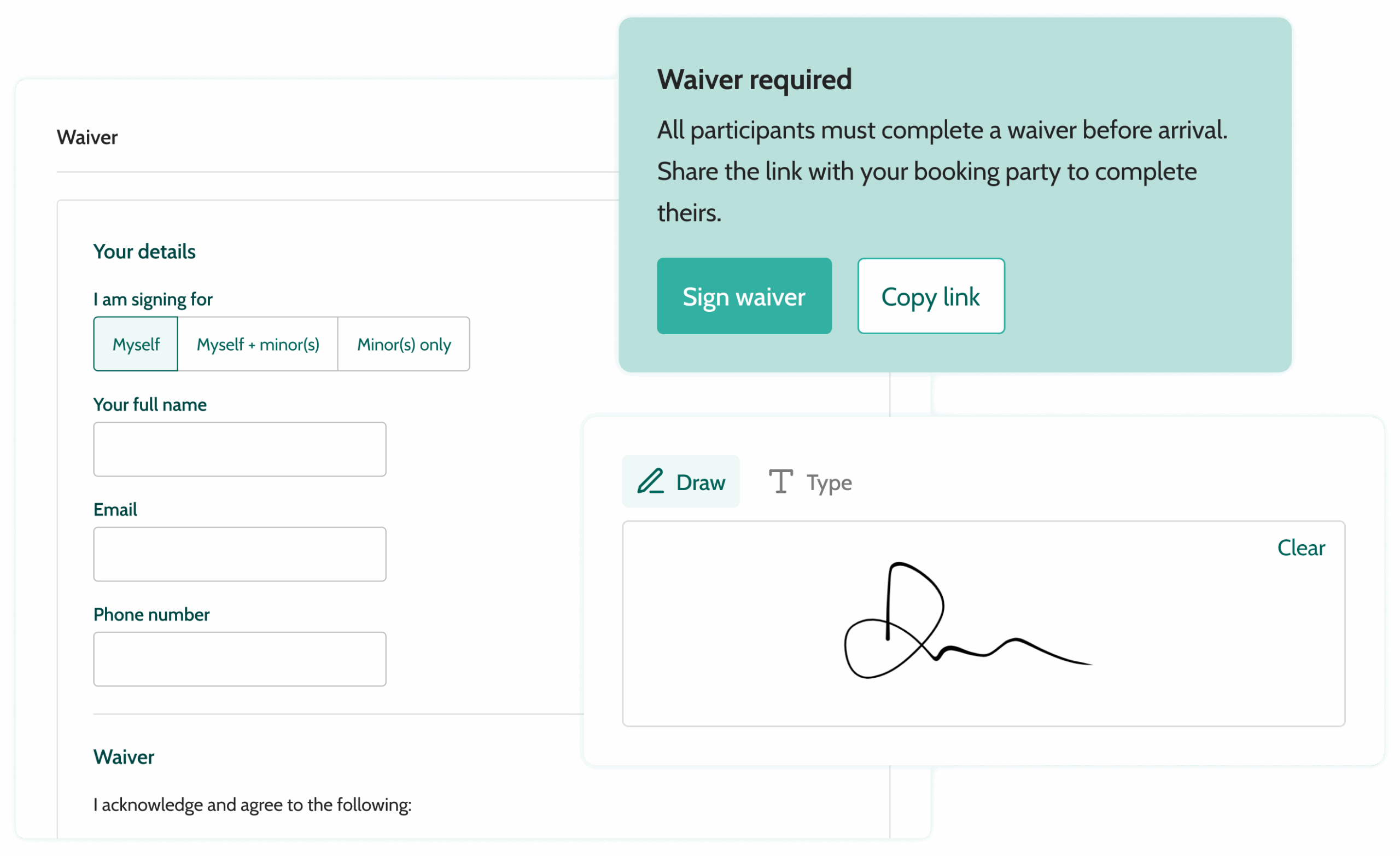 The customer journey on Beyonk's digital waiver software. Capturing signatures quickly and securely.